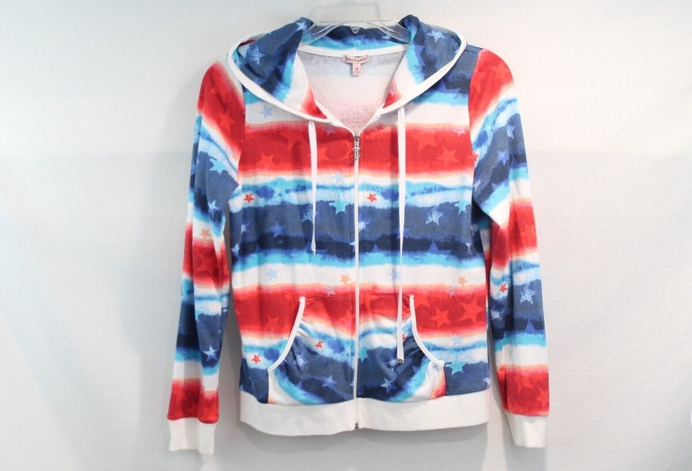 Juicy Couture Hooded Sweat Jacket size M Red White Blue Star Full Zip Logo